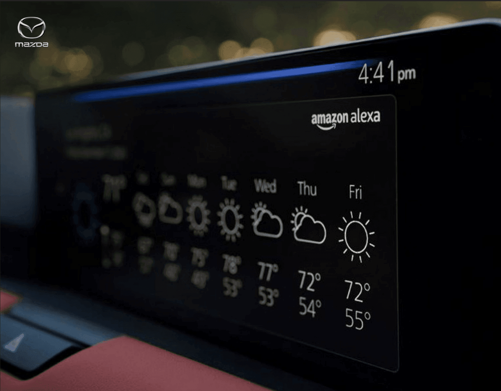 Mazda Gen 7 Alexa Built-In weather screen with Alexa listening bar